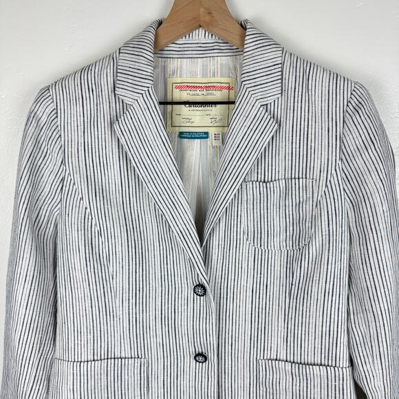 Anthropologie cartonier blue pin striped linen button front blazer 4 - Picture 3 of 12